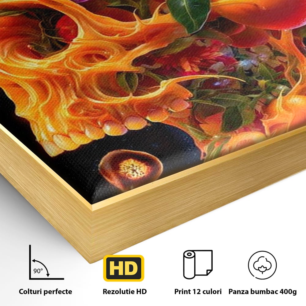 Detaliu al suprafetei: tablou canvas cu craniu din portocale, in rama de aluminiu auriu